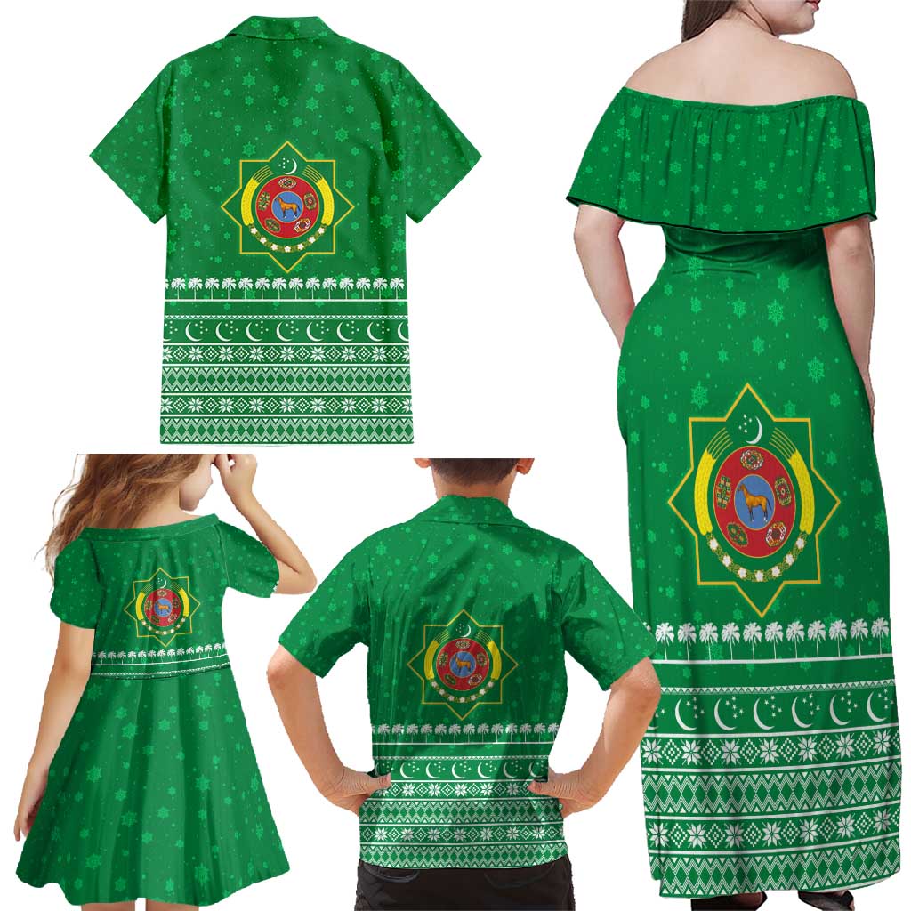 Turkmenistan Christmas Family Matching Off Shoulder Maxi Dress and Hawaiian Shirt with Traditional Santa Snowflake Crescent Moon and National Emblem - Wonder Print Shop