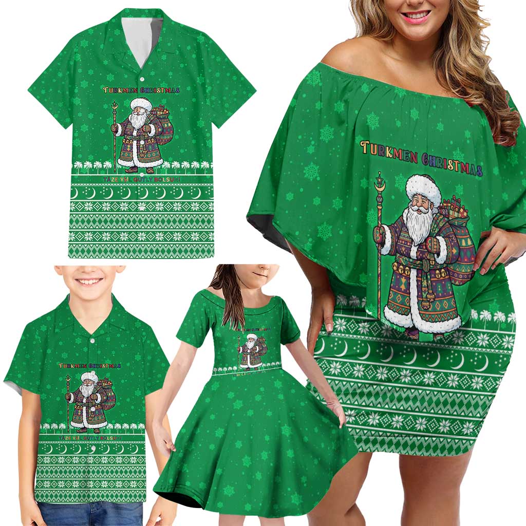 Turkmenistan Christmas Family Matching Off Shoulder Short Dress and Hawaiian Shirt with Traditional Santa Snowflake Crescent Moon and National Emblem - Wonder Print Shop