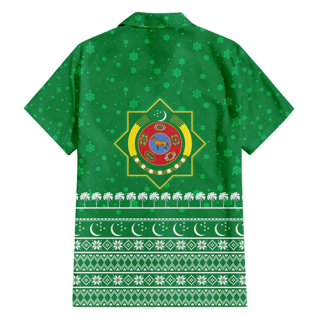 Turkmenistan Christmas Family Matching Off Shoulder Short Dress and Hawaiian Shirt with Traditional Santa Snowflake Crescent Moon and National Emblem - Wonder Print Shop