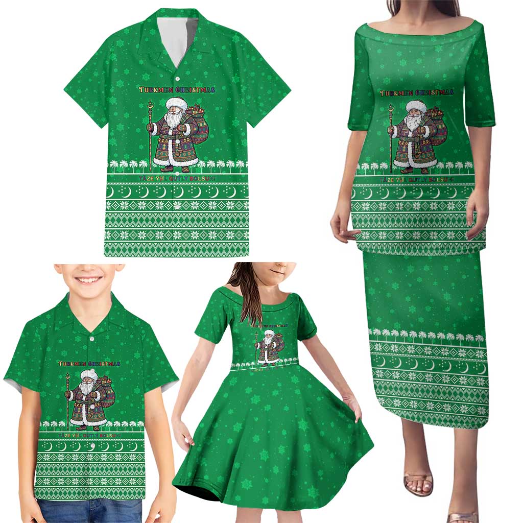 Turkmenistan Christmas Family Matching Puletasi and Hawaiian Shirt with Traditional Santa Snowflake Crescent Moon and National Emblem - Wonder Print Shop