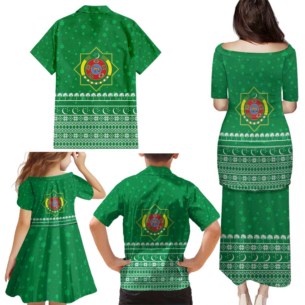 Turkmenistan Christmas Family Matching Puletasi and Hawaiian Shirt with Traditional Santa Snowflake Crescent Moon and National Emblem - Wonder Print Shop