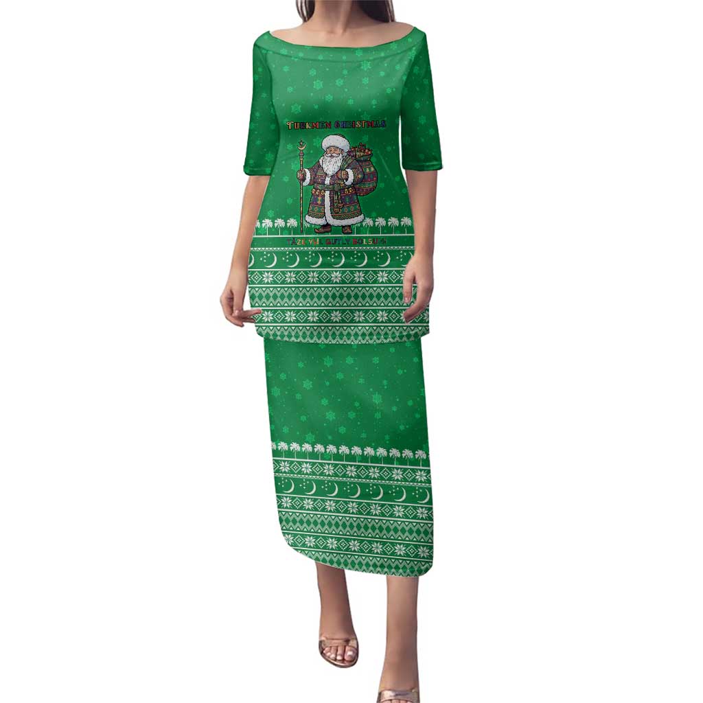 Turkmenistan Christmas Family Matching Puletasi and Hawaiian Shirt with Traditional Santa Snowflake Crescent Moon and National Emblem - Wonder Print Shop