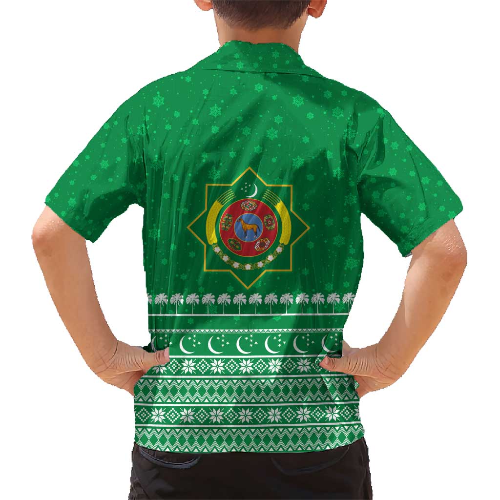 Turkmenistan Christmas Family Matching Short Sleeve Bodycon Dress and Hawaiian Shirt with Traditional Santa Snowflake Crescent Moon and National Emblem - Wonder Print Shop