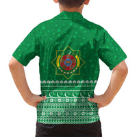 Turkmenistan Christmas Family Matching Short Sleeve Bodycon Dress and Hawaiian Shirt with Traditional Santa Snowflake Crescent Moon and National Emblem - Wonder Print Shop