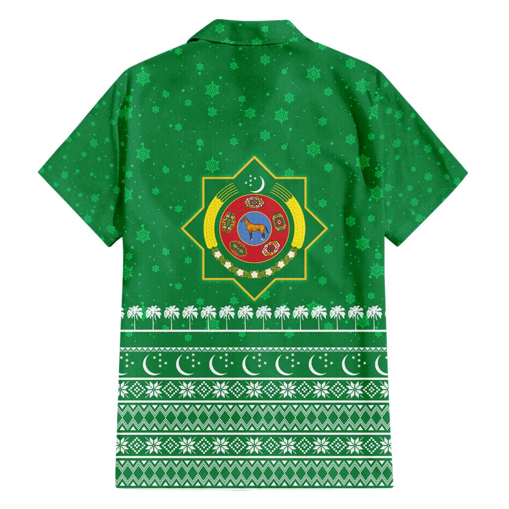 Turkmenistan Christmas Family Matching Short Sleeve Bodycon Dress and Hawaiian Shirt with Traditional Santa Snowflake Crescent Moon and National Emblem - Wonder Print Shop