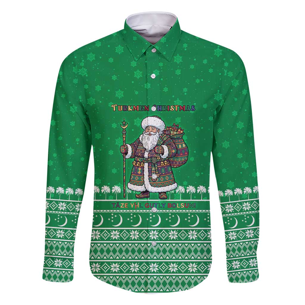 Turkmenistan Christmas Family Matching Short Sleeve Bodycon Dress and Hawaiian Shirt with Traditional Santa Snowflake Crescent Moon and National Emblem - Wonder Print Shop