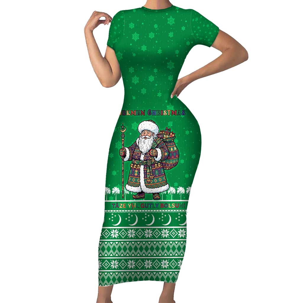 Turkmenistan Christmas Family Matching Short Sleeve Bodycon Dress and Hawaiian Shirt with Traditional Santa Snowflake Crescent Moon and National Emblem - Wonder Print Shop