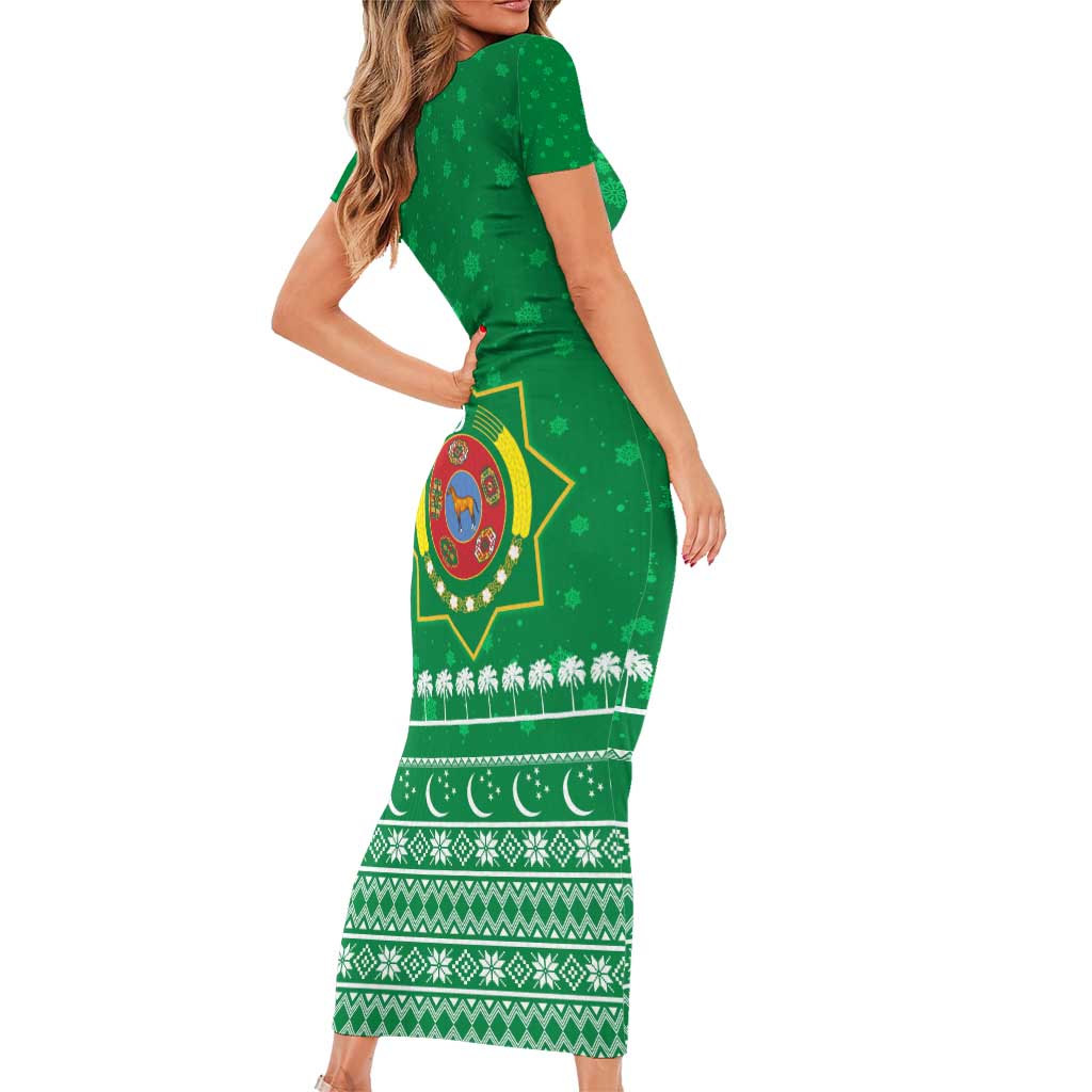 Turkmenistan Christmas Family Matching Short Sleeve Bodycon Dress and Hawaiian Shirt with Traditional Santa Snowflake Crescent Moon and National Emblem - Wonder Print Shop