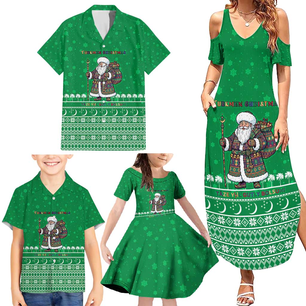 Turkmenistan Christmas Family Matching Summer Maxi Dress and Hawaiian Shirt with Traditional Santa Snowflake Crescent Moon and National Emblem - Wonder Print Shop