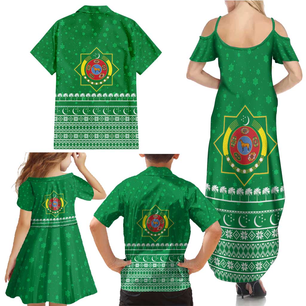 Turkmenistan Christmas Family Matching Summer Maxi Dress and Hawaiian Shirt with Traditional Santa Snowflake Crescent Moon and National Emblem - Wonder Print Shop
