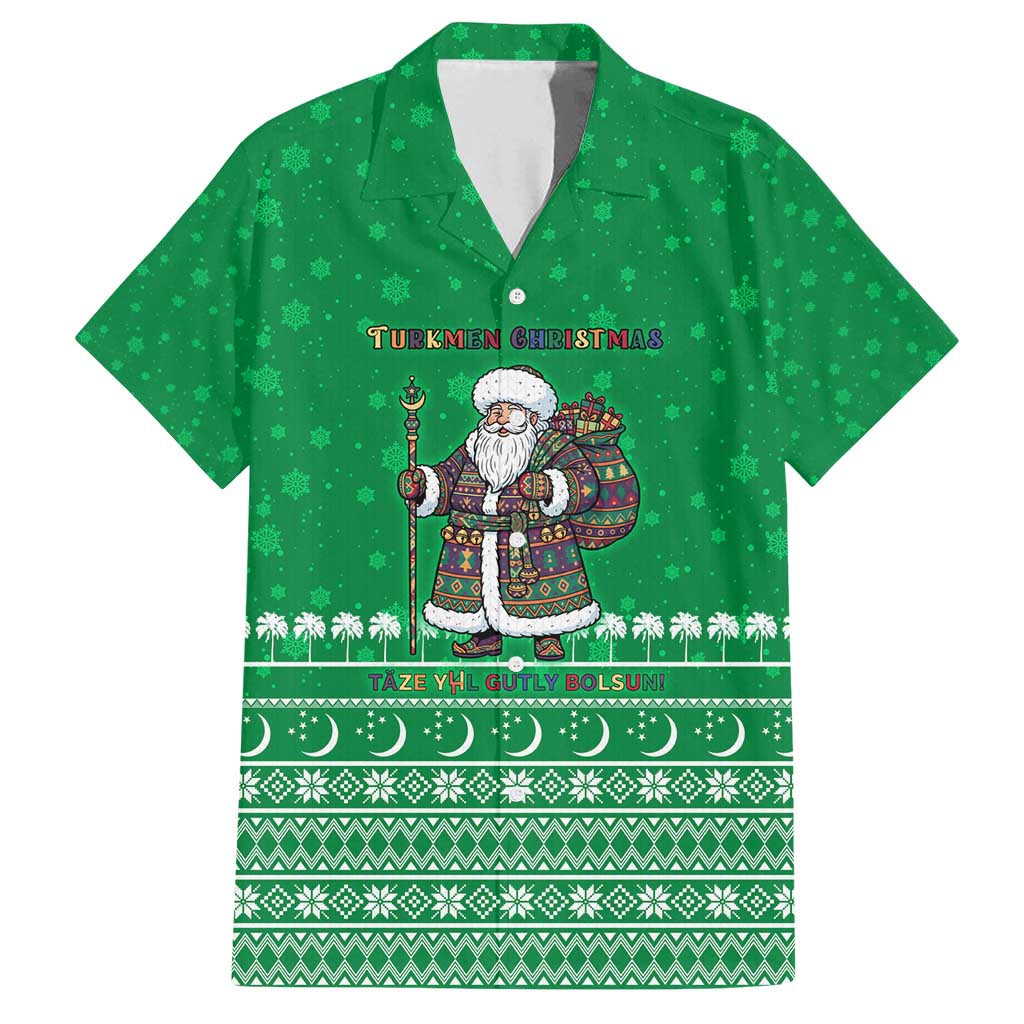 Turkmenistan Christmas Family Matching Summer Maxi Dress and Hawaiian Shirt with Traditional Santa Snowflake Crescent Moon and National Emblem - Wonder Print Shop