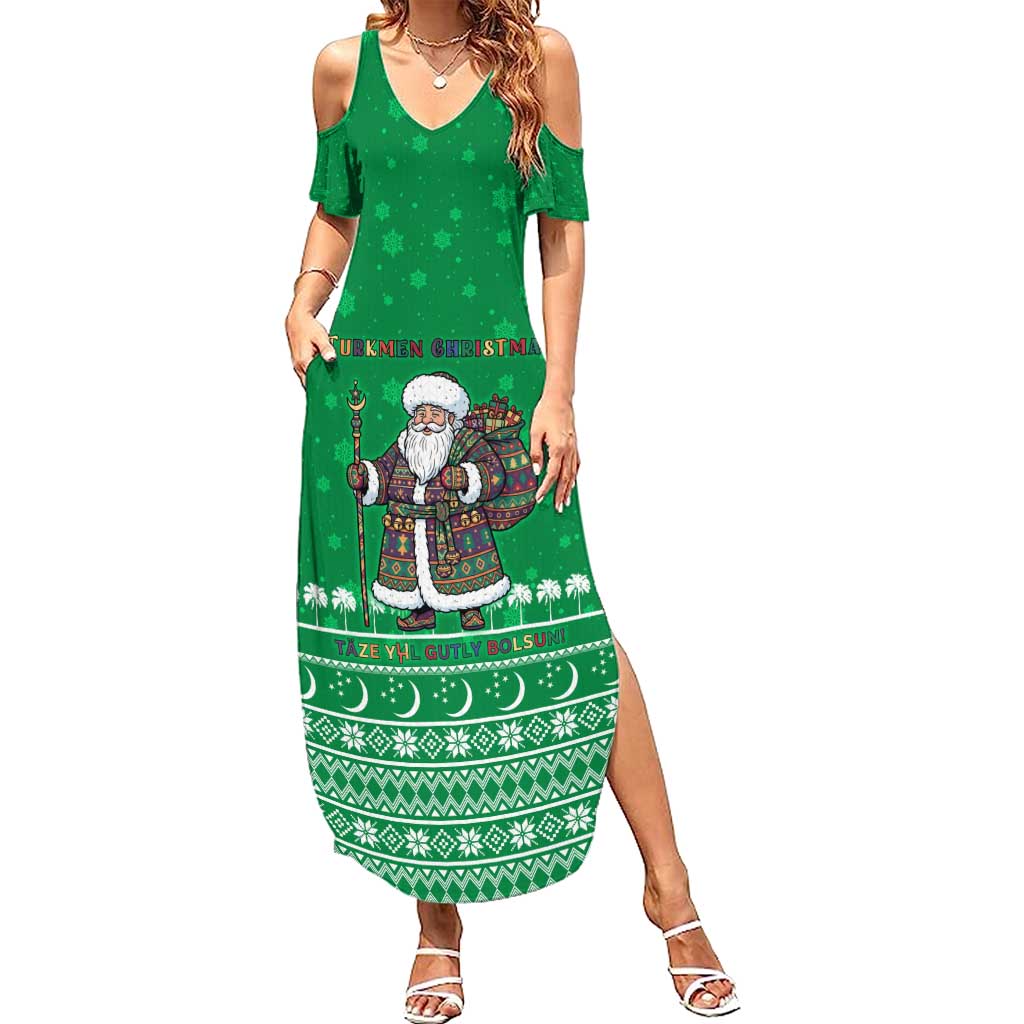 Turkmenistan Christmas Family Matching Summer Maxi Dress and Hawaiian Shirt with Traditional Santa Snowflake Crescent Moon and National Emblem - Wonder Print Shop