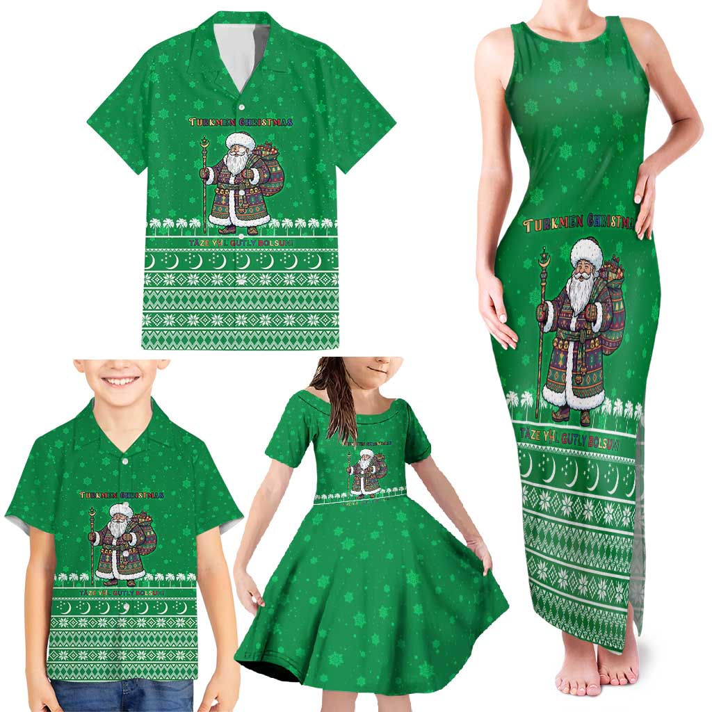 Turkmenistan Christmas Family Matching Tank Maxi Dress and Hawaiian Shirt with Traditional Santa Snowflake Crescent Moon and National Emblem - Wonder Print Shop
