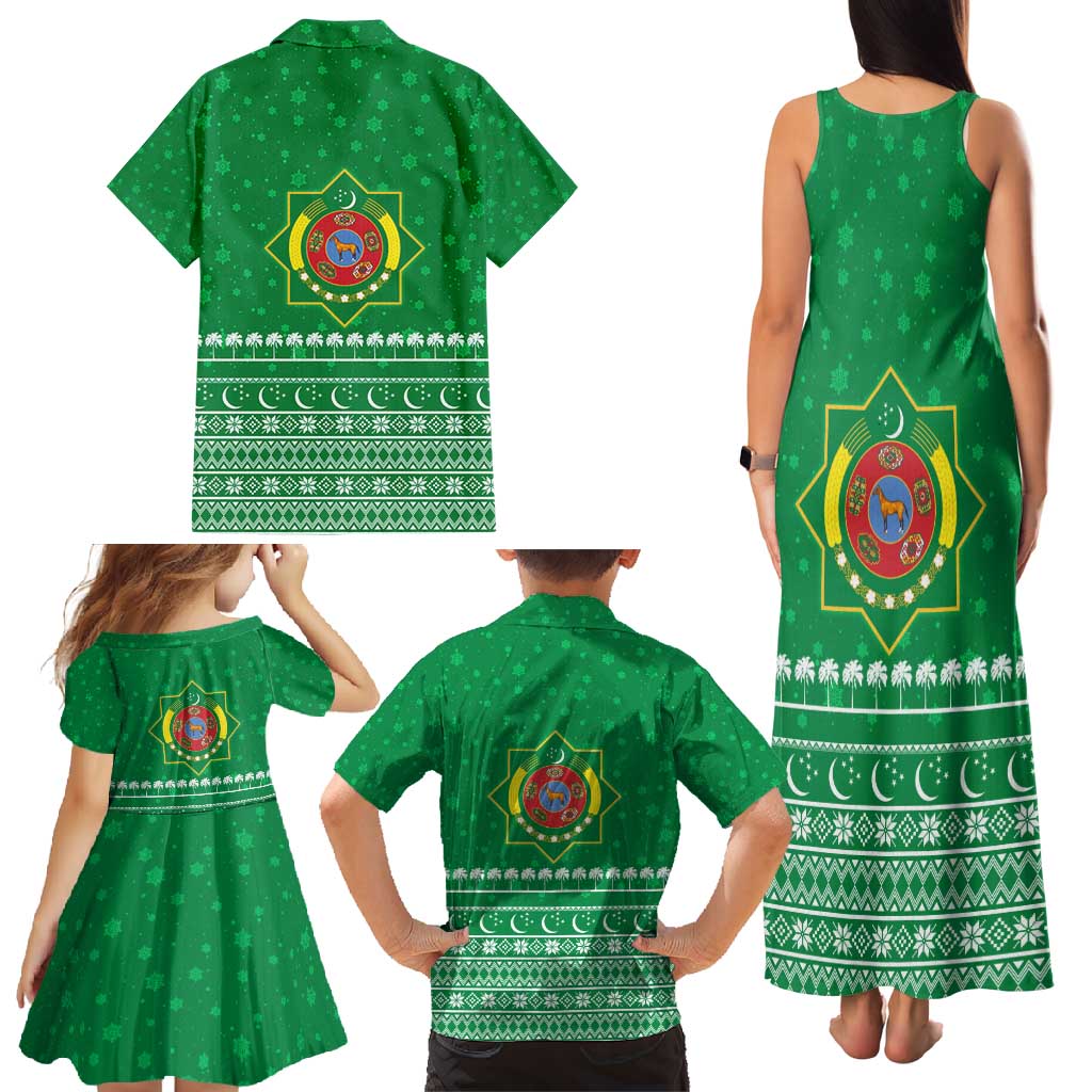 Turkmenistan Christmas Family Matching Tank Maxi Dress and Hawaiian Shirt with Traditional Santa Snowflake Crescent Moon and National Emblem - Wonder Print Shop