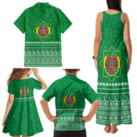 Turkmenistan Christmas Family Matching Tank Maxi Dress and Hawaiian Shirt with Traditional Santa Snowflake Crescent Moon and National Emblem - Wonder Print Shop