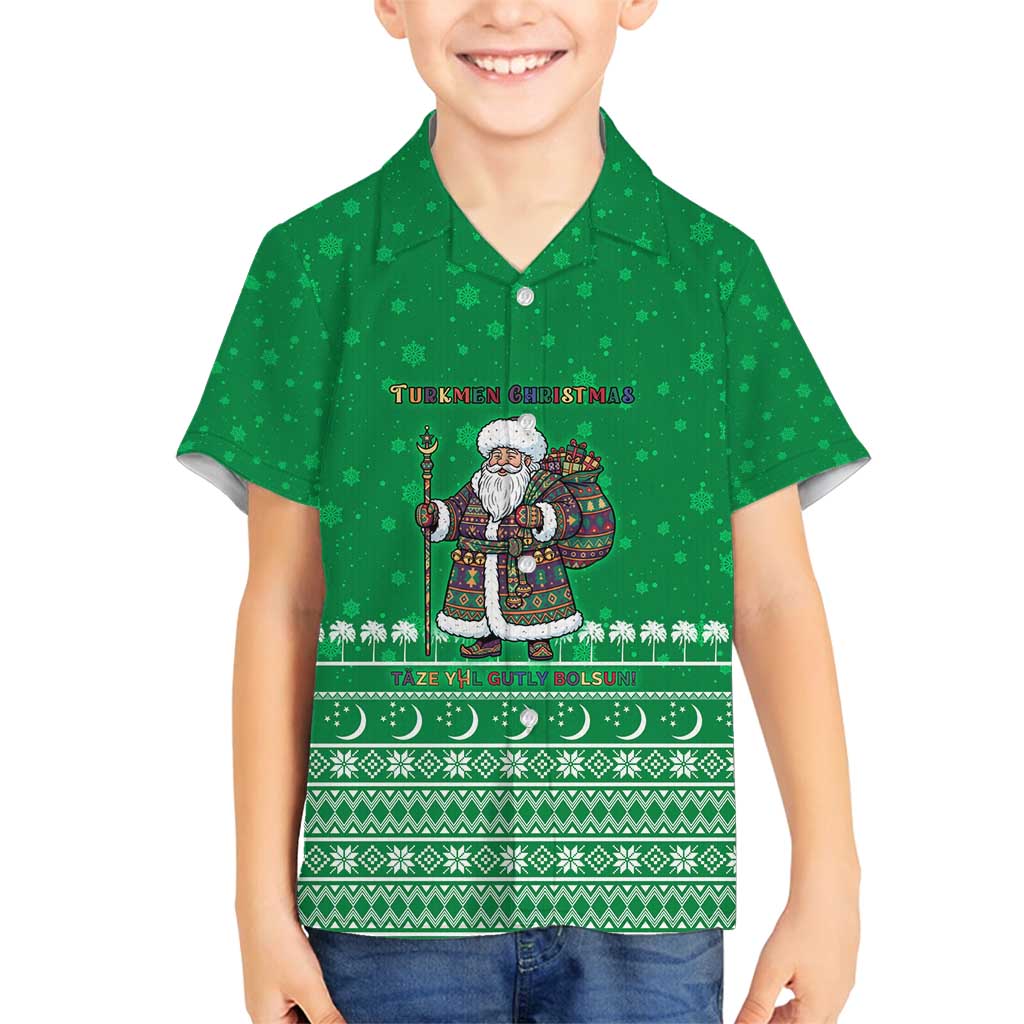 Turkmenistan Christmas Family Matching Tank Maxi Dress and Hawaiian Shirt with Traditional Santa Snowflake Crescent Moon and National Emblem - Wonder Print Shop