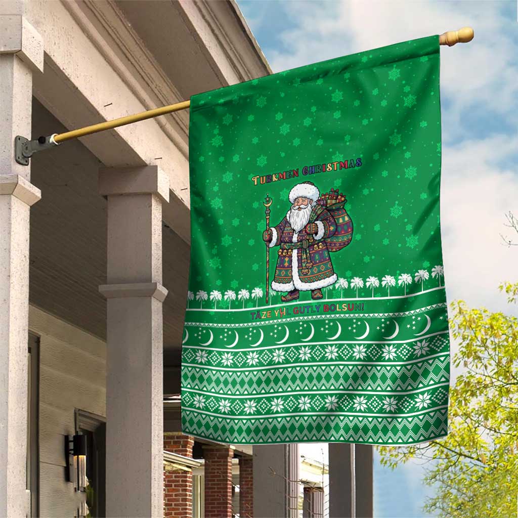 Turkmenistan Christmas Garden Flag with Traditional Santa Snowflake Crescent Moon and National Emblem - Wonder Print Shop
