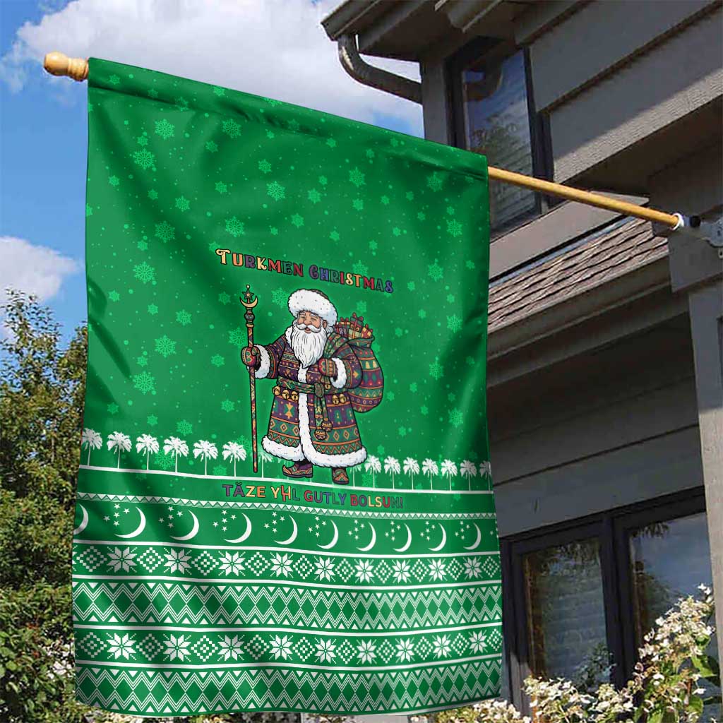 Turkmenistan Christmas Garden Flag with Traditional Santa Snowflake Crescent Moon and National Emblem - Wonder Print Shop