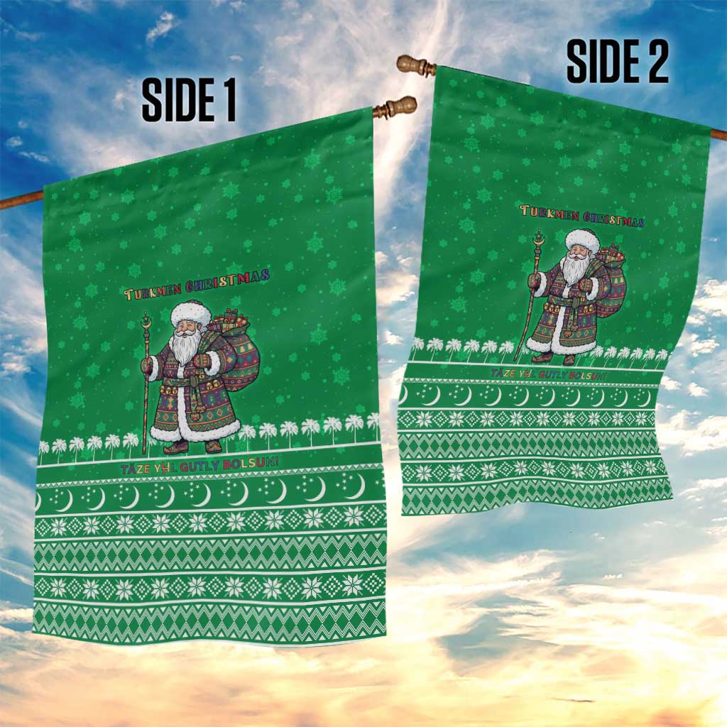 Turkmenistan Christmas Garden Flag with Traditional Santa Snowflake Crescent Moon and National Emblem - Wonder Print Shop