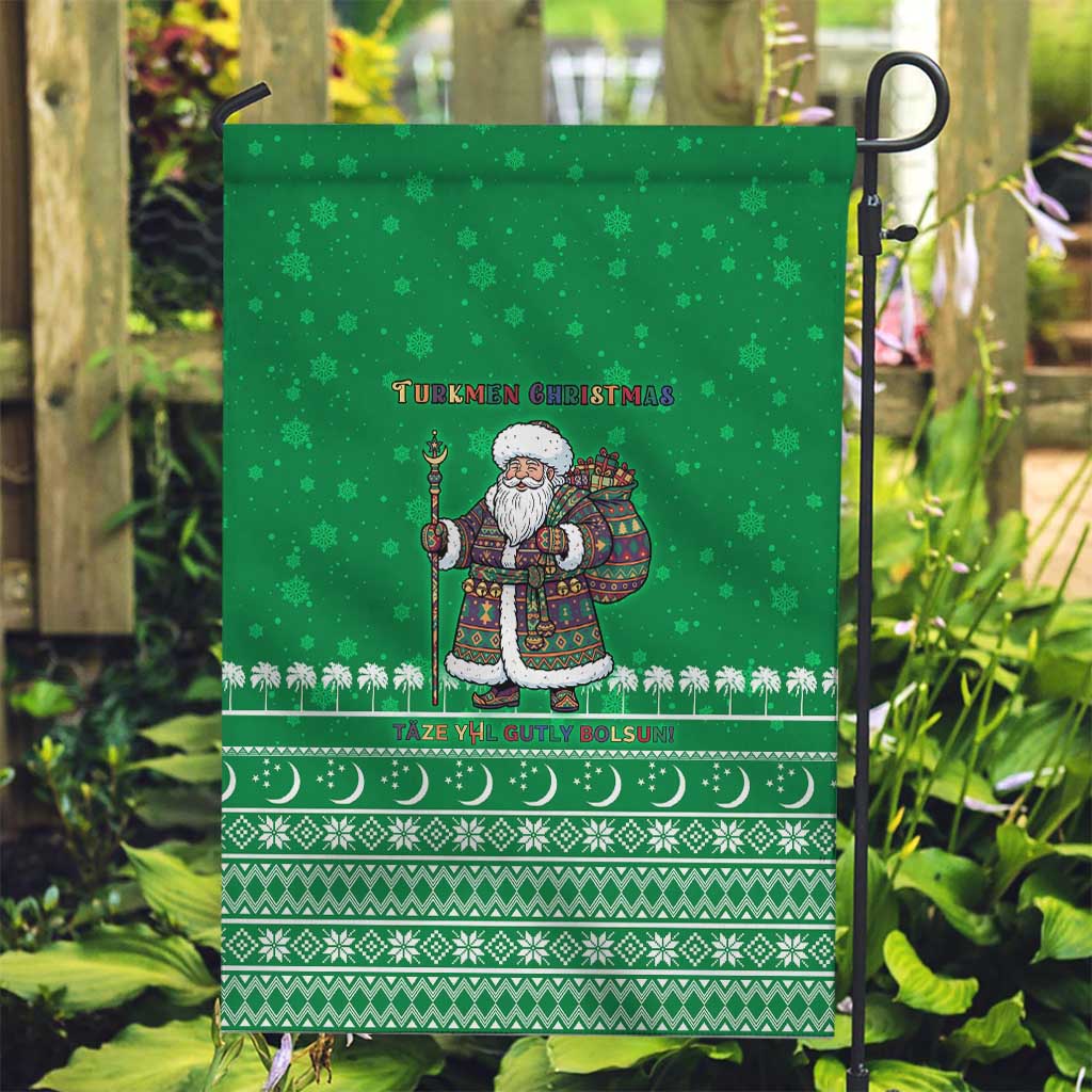 Turkmenistan Christmas Garden Flag with Traditional Santa Snowflake Crescent Moon and National Emblem - Wonder Print Shop