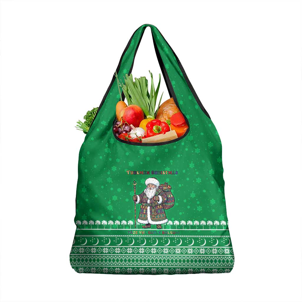 Turkmenistan Christmas Grocery Bag with Traditional Santa Snowflake Crescent Moon and National Emblem - Wonder Print Shop