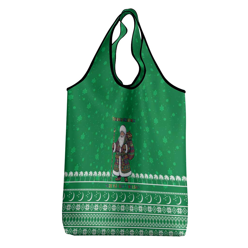 Turkmenistan Christmas Grocery Bag with Traditional Santa Snowflake Crescent Moon and National Emblem - Wonder Print Shop