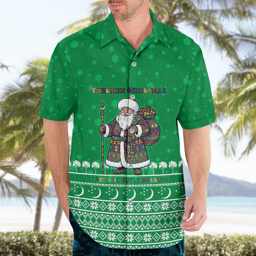 Turkmenistan Christmas Hawaiian Shirt with Traditional Santa Snowflake Crescent Moon and National Emblem - Wonder Print Shop