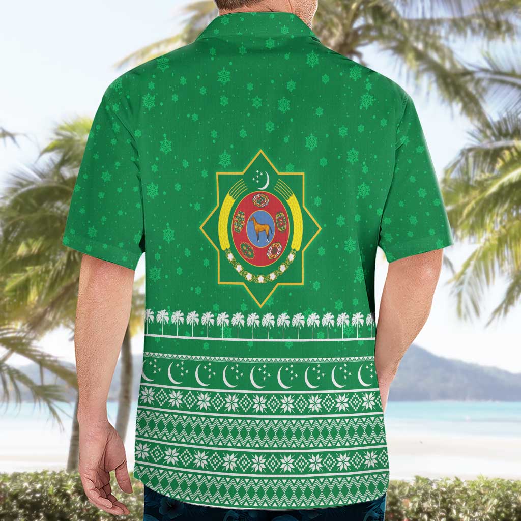 Turkmenistan Christmas Hawaiian Shirt with Traditional Santa Snowflake Crescent Moon and National Emblem - Wonder Print Shop