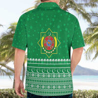 Turkmenistan Christmas Hawaiian Shirt with Traditional Santa Snowflake Crescent Moon and National Emblem - Wonder Print Shop
