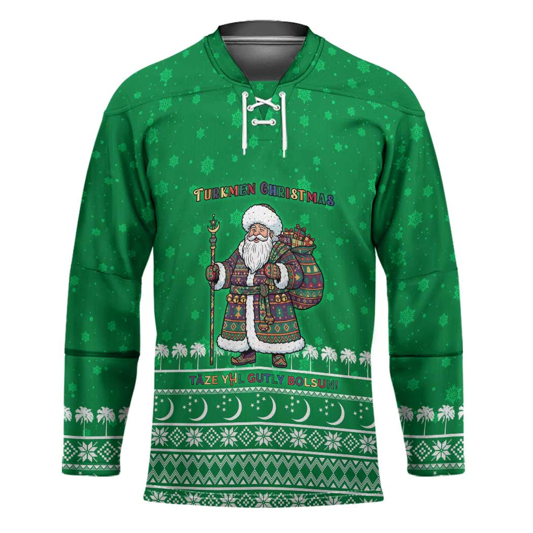 Turkmenistan Christmas Hockey Jersey with Traditional Santa Snowflake Crescent Moon and National Emblem - Wonder Print Shop
