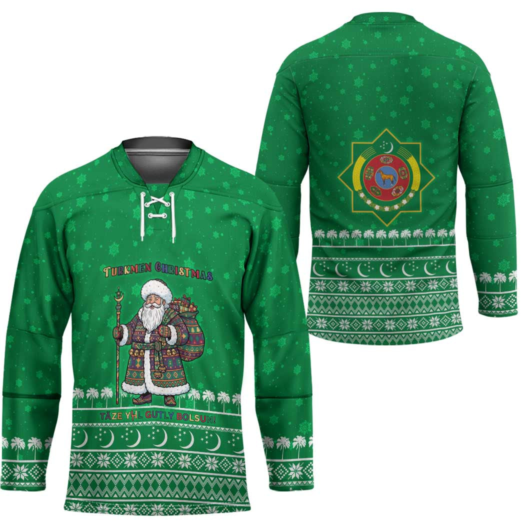 Turkmenistan Christmas Hockey Jersey with Traditional Santa Snowflake Crescent Moon and National Emblem - Wonder Print Shop