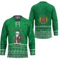 Turkmenistan Christmas Hockey Jersey with Traditional Santa Snowflake Crescent Moon and National Emblem - Wonder Print Shop