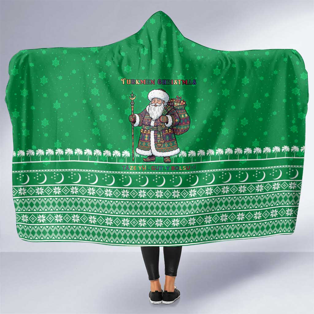 Turkmenistan Christmas Hooded Blanket with Traditional Santa Snowflake Crescent Moon and National Emblem - Wonder Print Shop