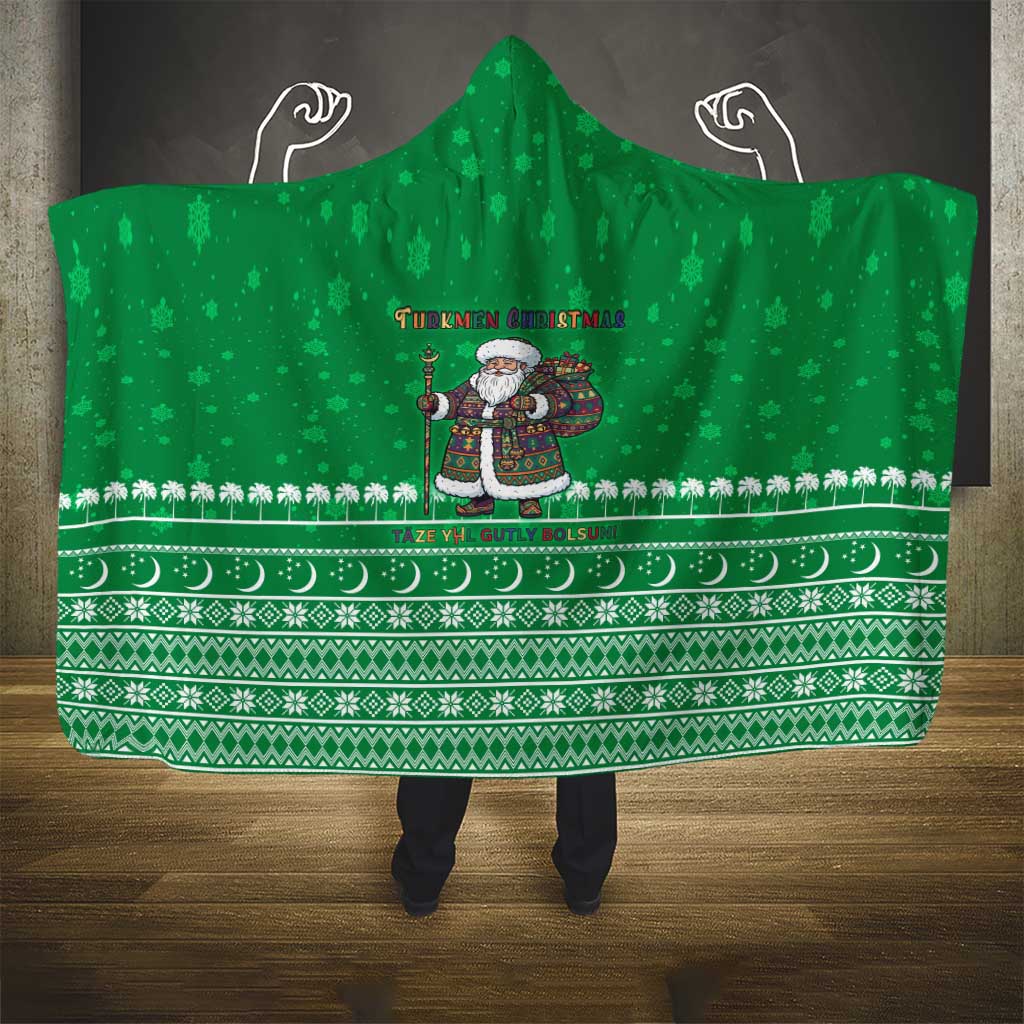 Turkmenistan Christmas Hooded Blanket with Traditional Santa Snowflake Crescent Moon and National Emblem - Wonder Print Shop