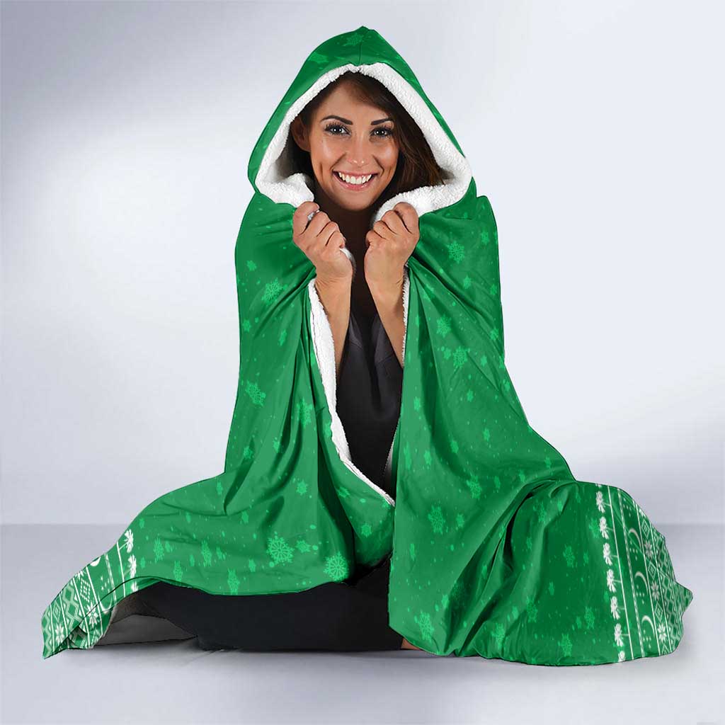 Turkmenistan Christmas Hooded Blanket with Traditional Santa Snowflake Crescent Moon and National Emblem - Wonder Print Shop