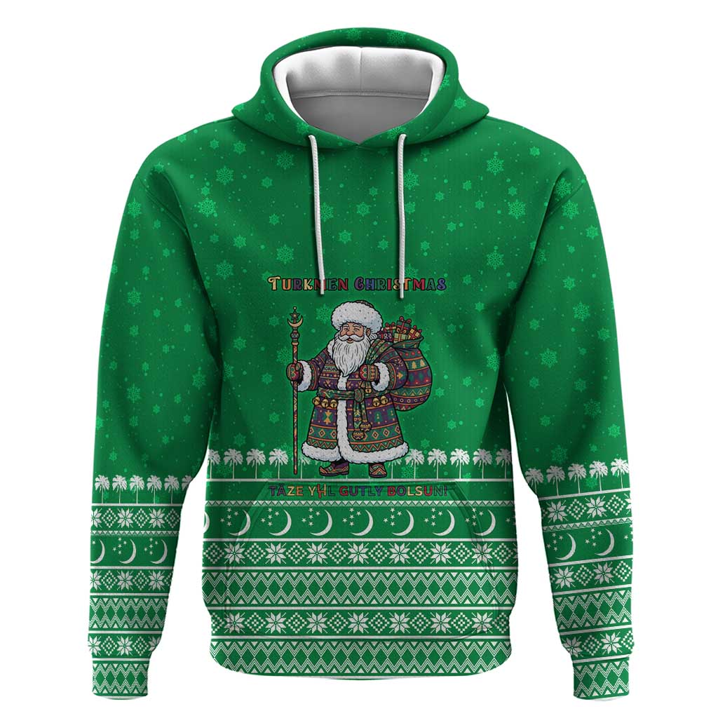 Turkmenistan Christmas Hoodie with Traditional Santa Snowflake Crescent Moon and National Emblem - Wonder Print Shop