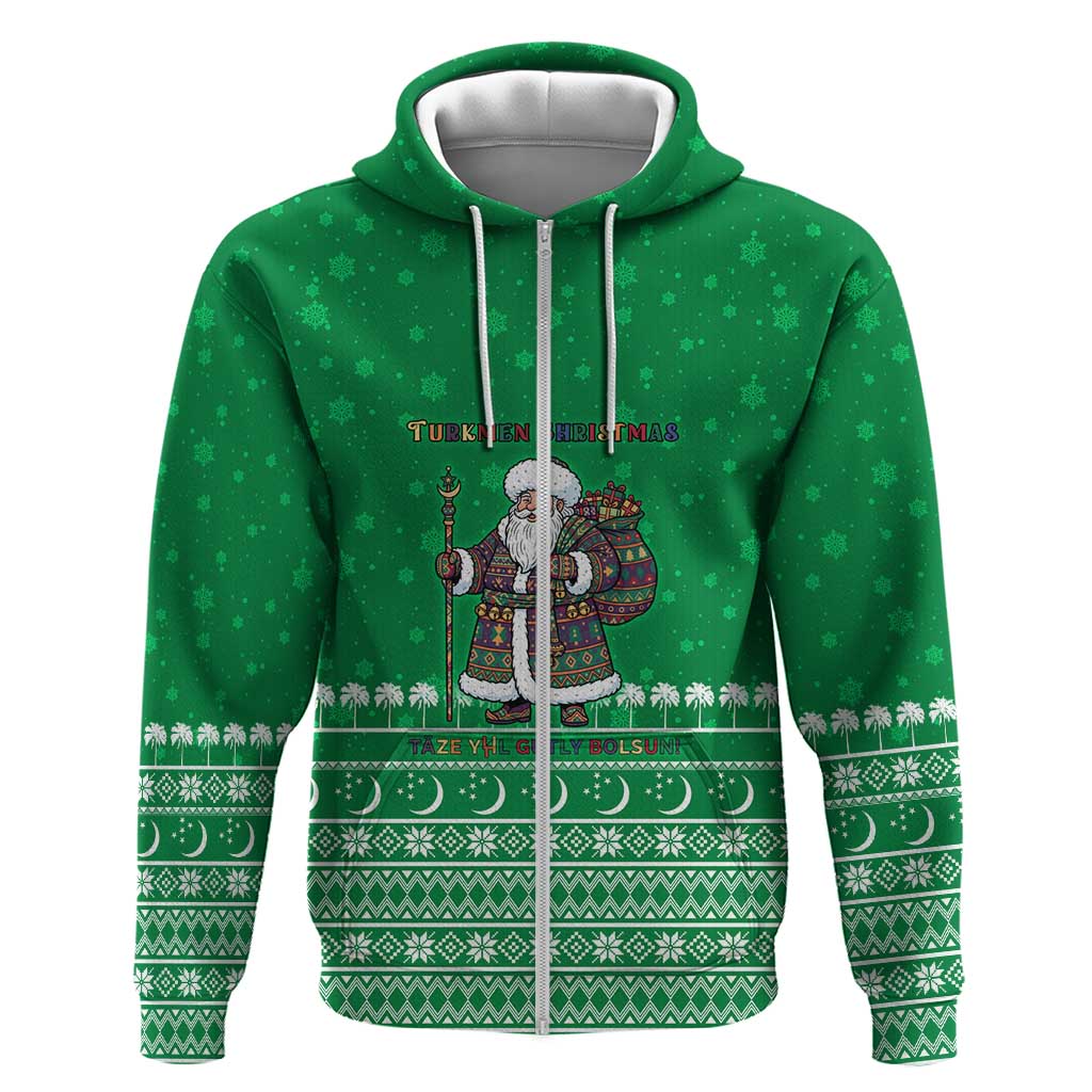 Turkmenistan Christmas Hoodie with Traditional Santa Snowflake Crescent Moon and National Emblem - Wonder Print Shop