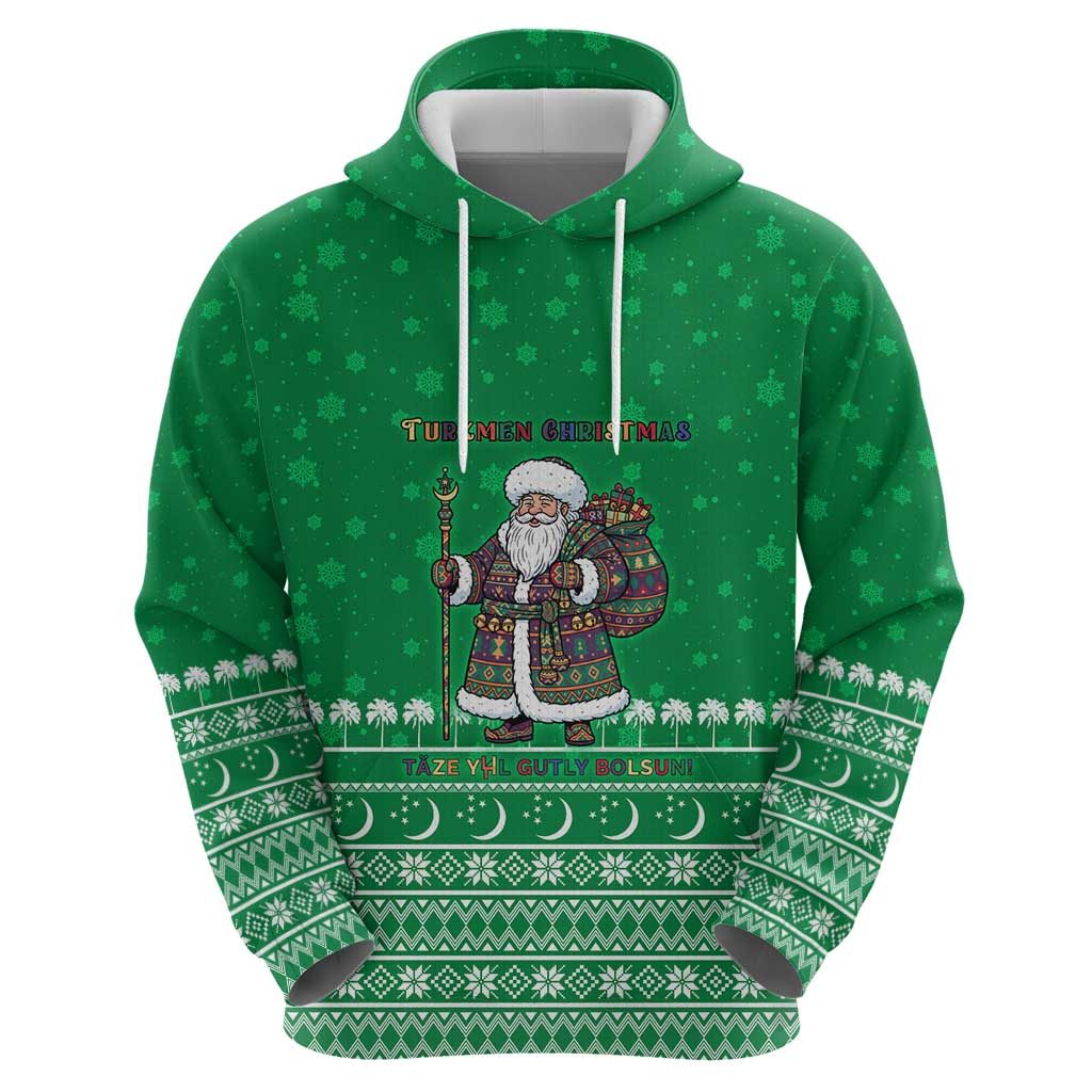 Turkmenistan Christmas Hoodie with Traditional Santa Snowflake Crescent Moon and National Emblem - Wonder Print Shop