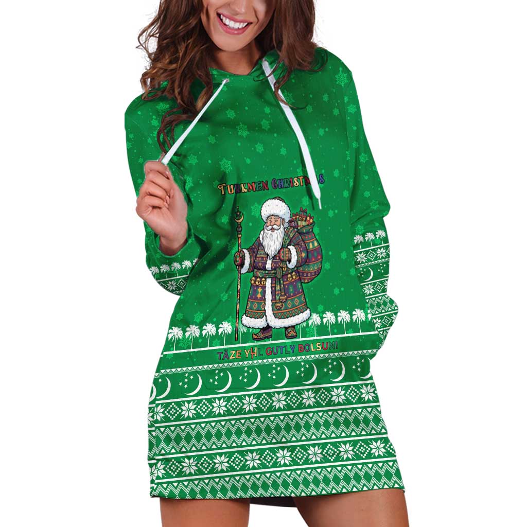Turkmenistan Christmas Hoodie Dress with Traditional Santa Snowflake Crescent Moon and National Emblem - Wonder Print Shop