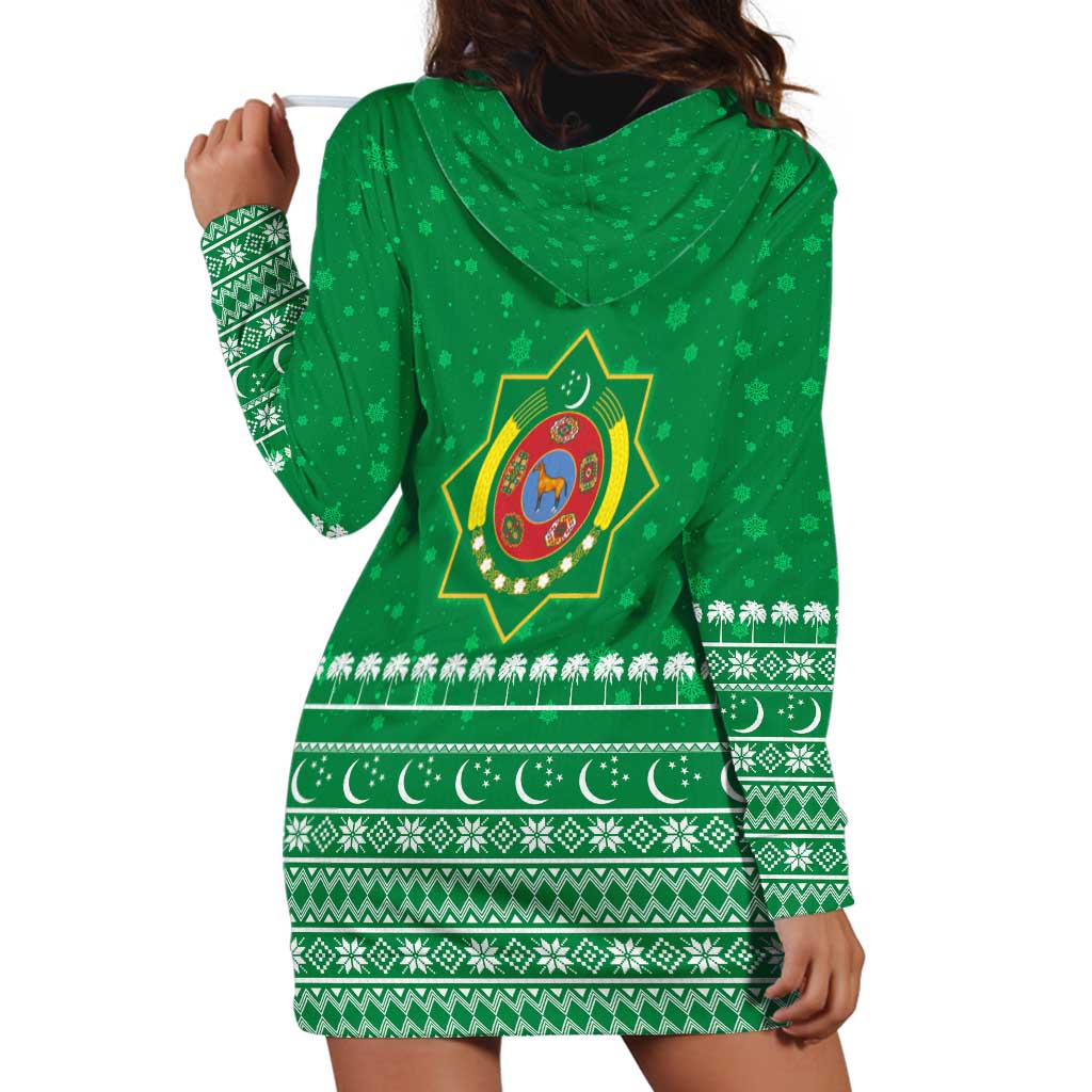 Turkmenistan Christmas Hoodie Dress with Traditional Santa Snowflake Crescent Moon and National Emblem - Wonder Print Shop