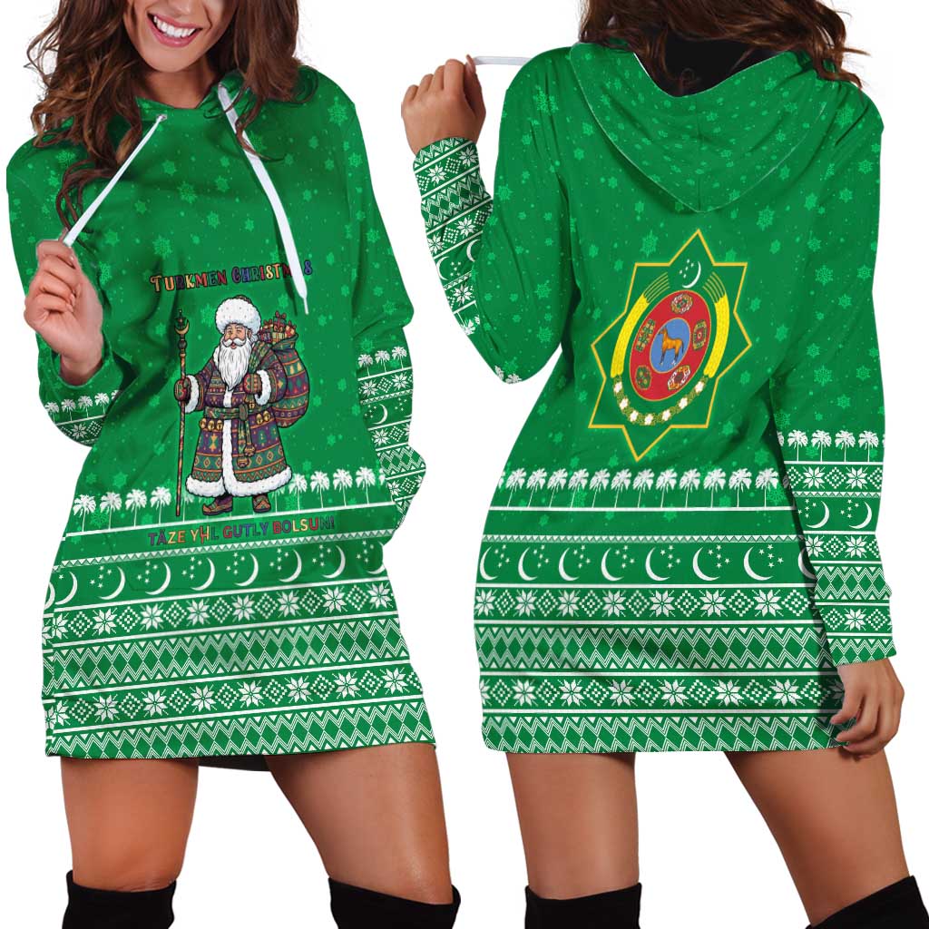 Turkmenistan Christmas Hoodie Dress with Traditional Santa Snowflake Crescent Moon and National Emblem - Wonder Print Shop