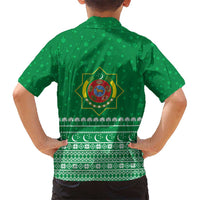Turkmenistan Christmas Kid Hawaiian Shirt with Traditional Santa Snowflake Crescent Moon and National Emblem - Wonder Print Shop