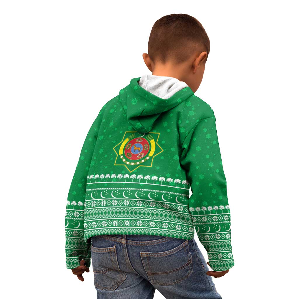 Turkmenistan Christmas Kid Hoodie with Traditional Santa Snowflake Crescent Moon and National Emblem - Wonder Print Shop