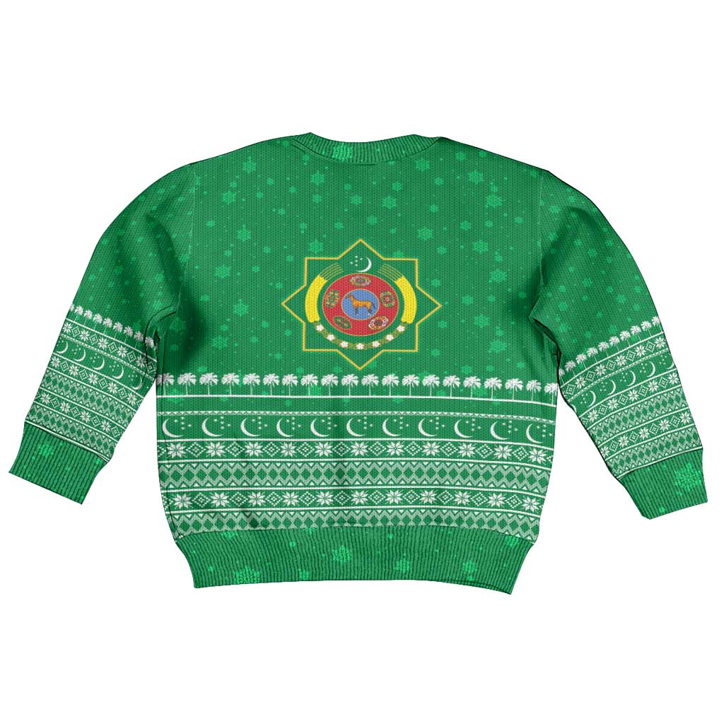 Turkmenistan Christmas Kid Ugly Christmas Sweater with Traditional Santa Snowflake Crescent Moon and National Emblem - Wonder Print Shop