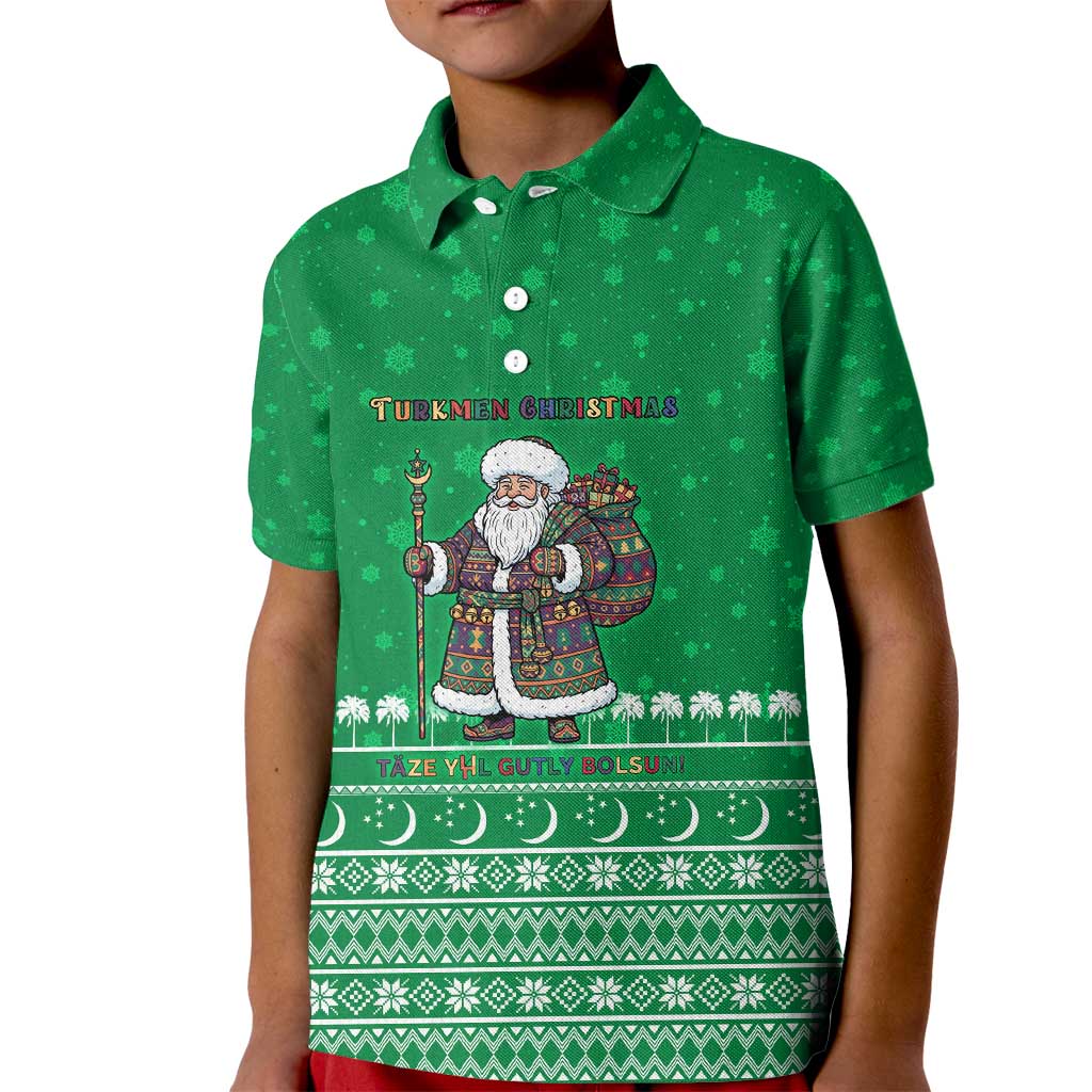 Turkmenistan Christmas Kid Polo Shirt with Traditional Santa Snowflake Crescent Moon and National Emblem - Wonder Print Shop