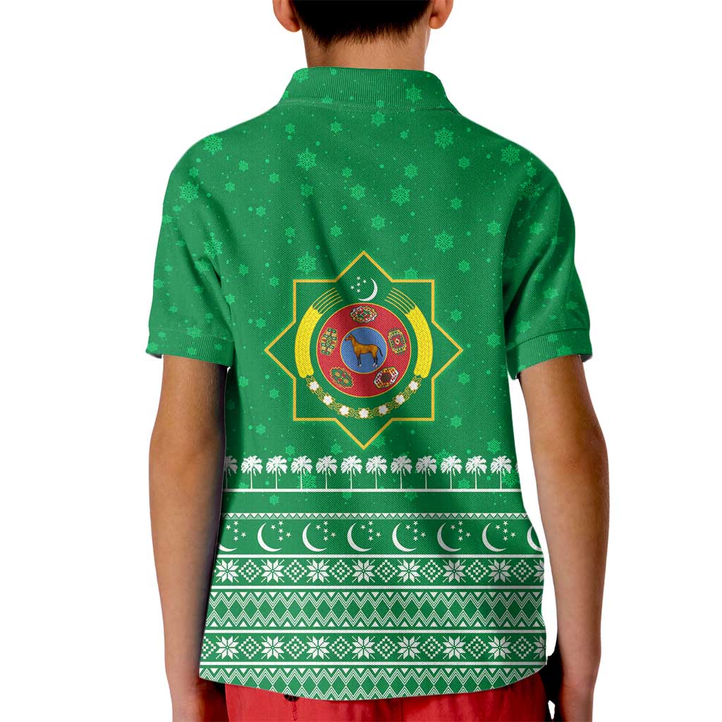 Turkmenistan Christmas Kid Polo Shirt with Traditional Santa Snowflake Crescent Moon and National Emblem - Wonder Print Shop