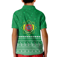 Turkmenistan Christmas Kid Polo Shirt with Traditional Santa Snowflake Crescent Moon and National Emblem - Wonder Print Shop