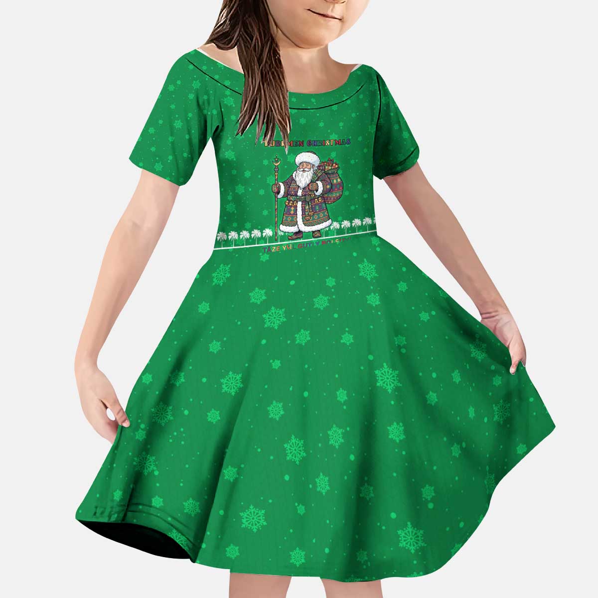 Turkmenistan Christmas Kid Short Sleeve Dress with Traditional Santa Snowflake Crescent Moon and National Emblem - Wonder Print Shop