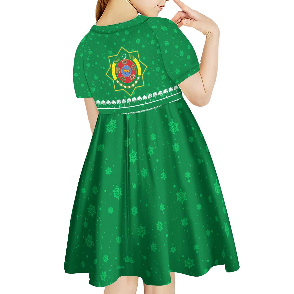 Turkmenistan Christmas Kid Short Sleeve Dress with Traditional Santa Snowflake Crescent Moon and National Emblem - Wonder Print Shop