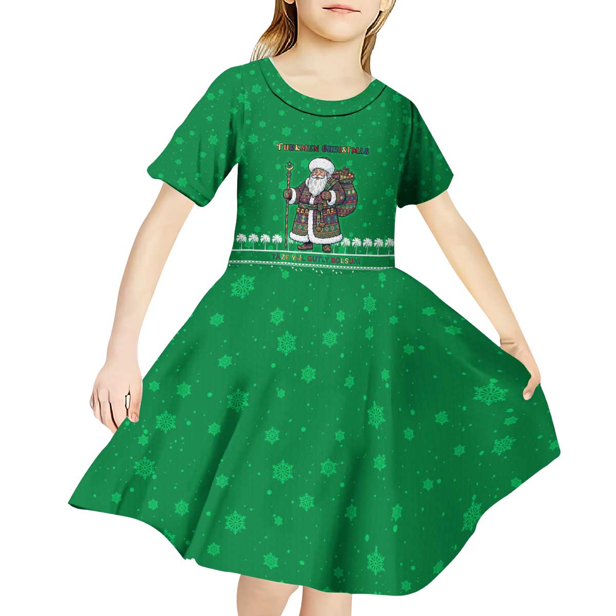 Turkmenistan Christmas Kid Short Sleeve Dress with Traditional Santa Snowflake Crescent Moon and National Emblem - Wonder Print Shop